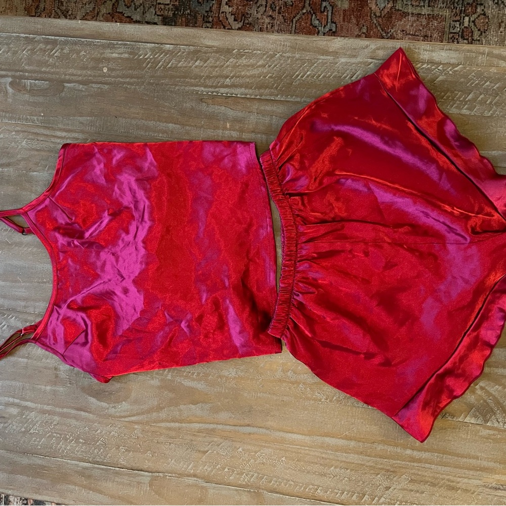 Red Satin Tank Top and Shorts Set
